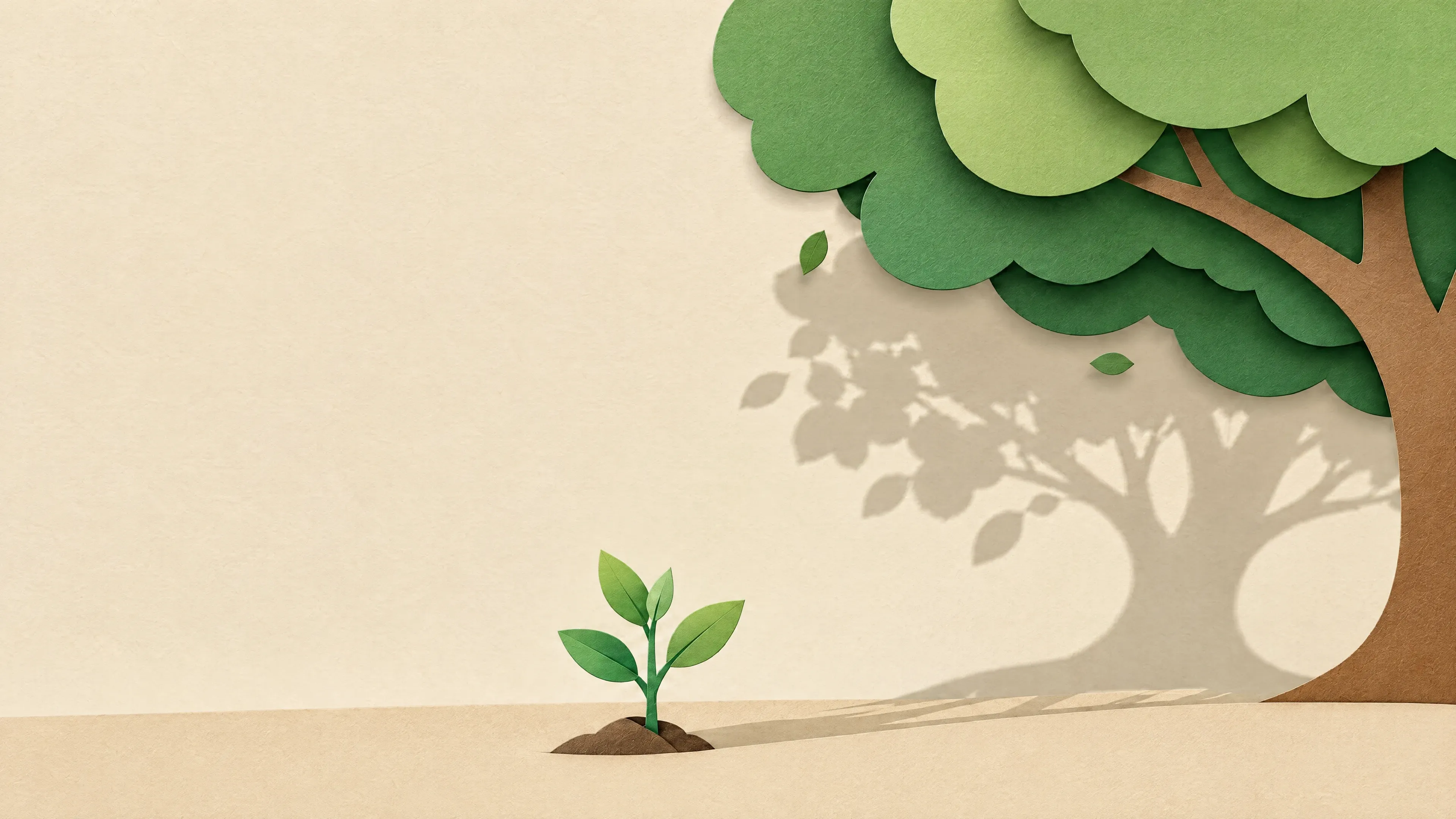 Papercut-illustratie: een jong plantje groeit naast een grote boom die schaduw werpt
