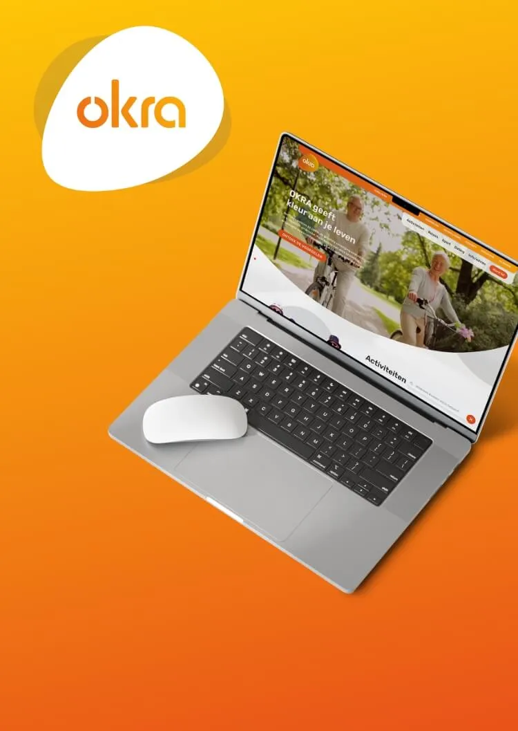 De nieuwe OKRA-website op een laptop, met het OKRA-logo op een oranje achtergrond