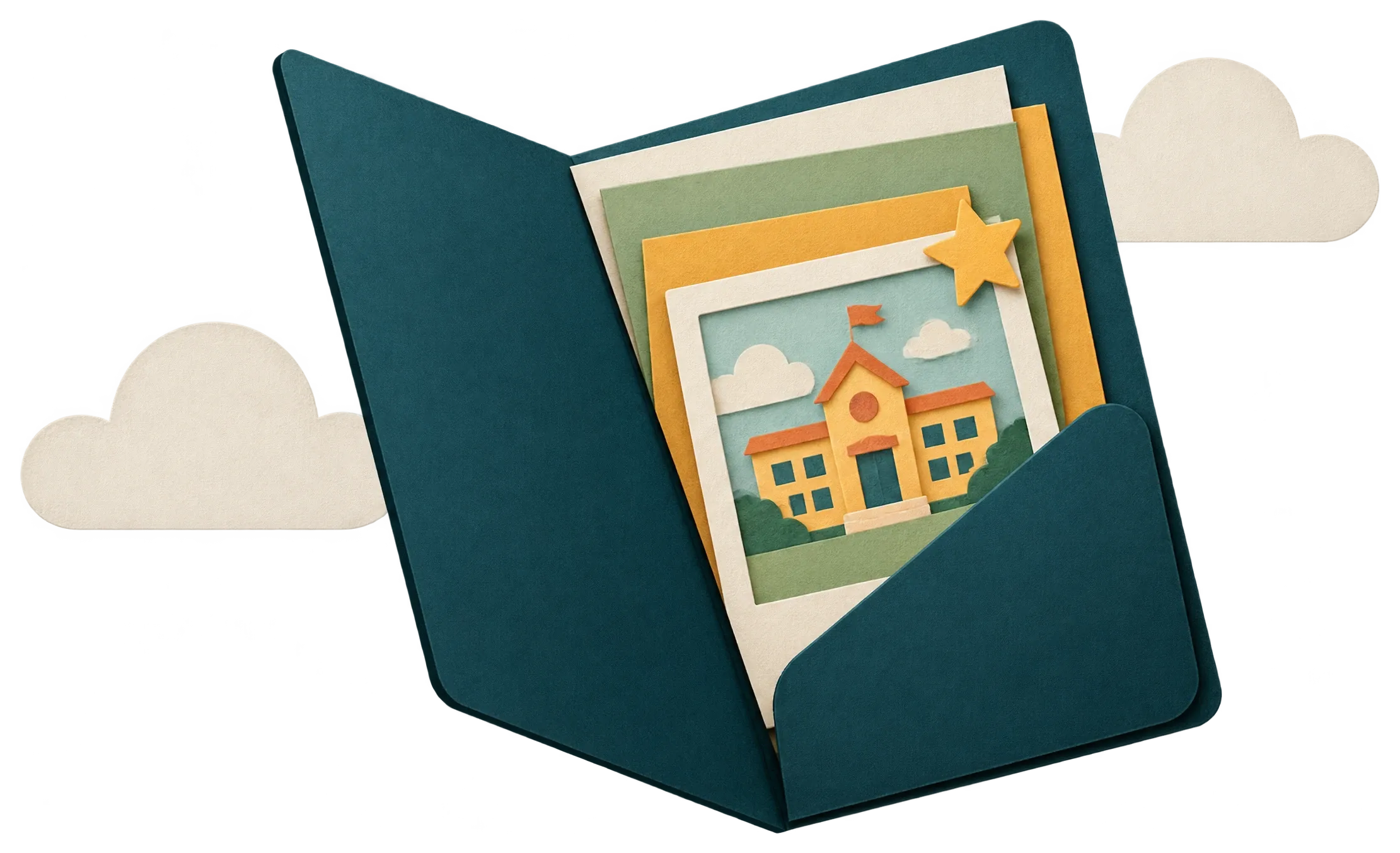 Papercut-illustratie: een open portfoliomap met een prent van een school